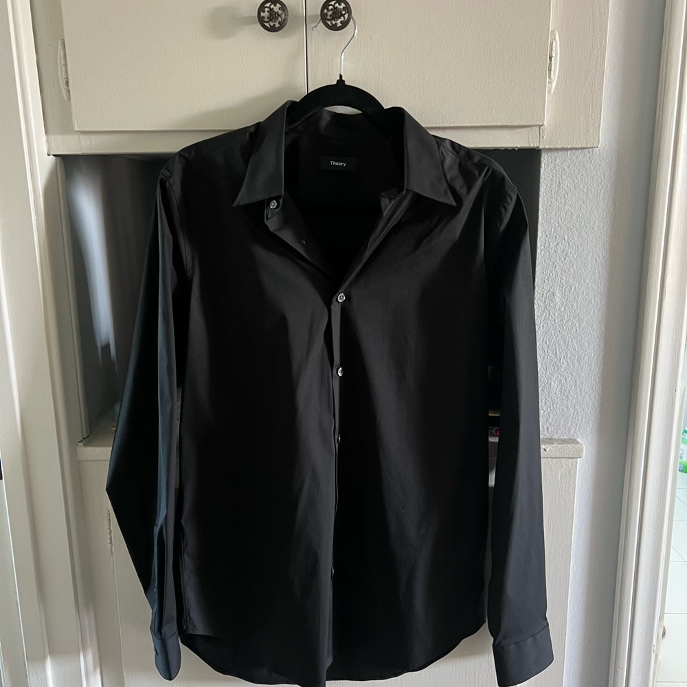 Theory sylvain precise 2 black tailored stretch cotton button up shirt